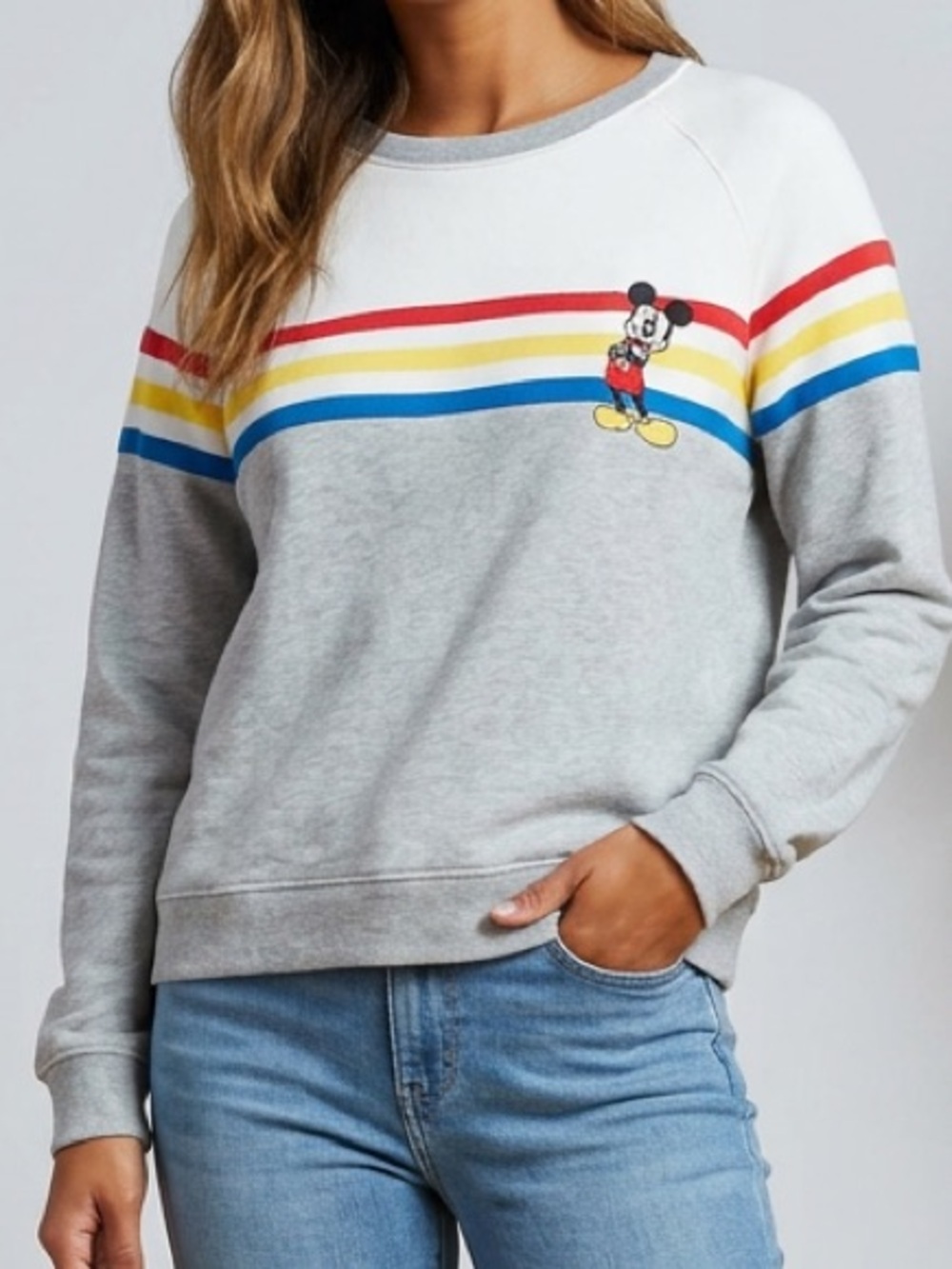 Disney Gray & White Mickey Stripe Crewneck Sweatshirt